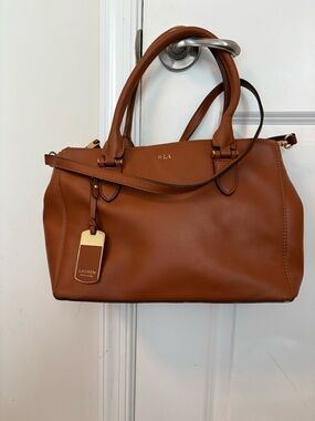 Lauren Ralph Lauren Cognac Leather Satchel with Gold Accent